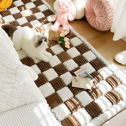 Cream-coloured Large Plaid Square Fuzzy Pet Dog Mat Bed Couch Cover