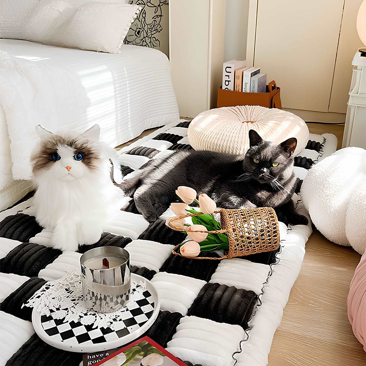 Cream-coloured Large Plaid Square Fuzzy Pet Dog Mat Bed Couch Cover