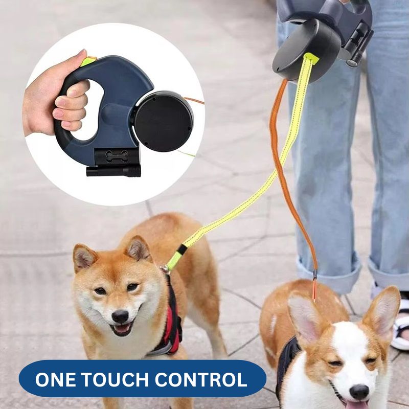 10F Dual Retractable Dog Leash with Built-In Flashlight & Waste Bag Holder