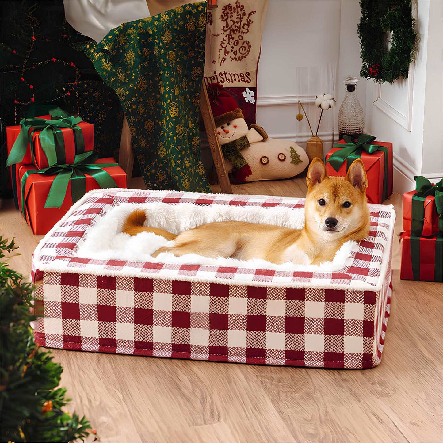 Festive Classic Tartan Cozy Anti-Anxiety Calming Dog Bed