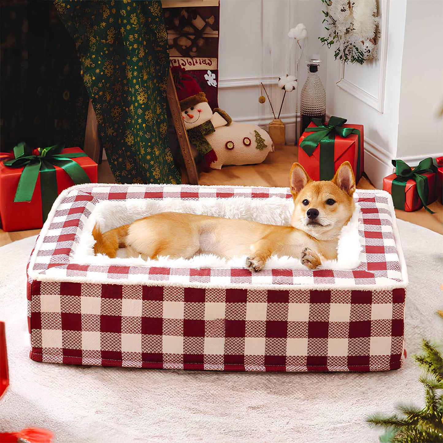 Festive Classic Tartan Cozy Anti-Anxiety Calming Dog Bed