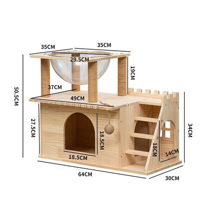 Natural Pine Cat Climbing Frame with Transparent Bowl