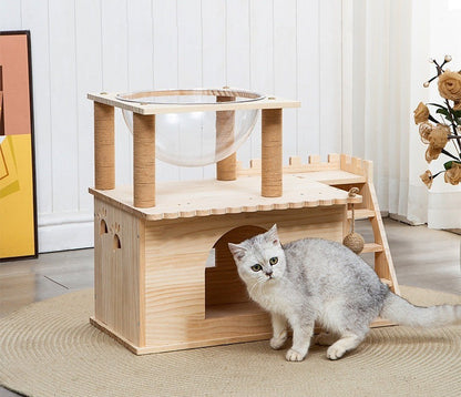 Natural Pine Cat Climbing Frame with Transparent Bowl