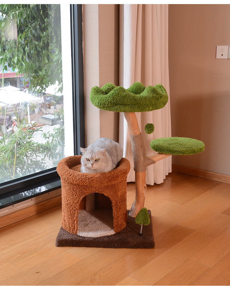 Natural Wood Cat Tree with Cozy Hideaway