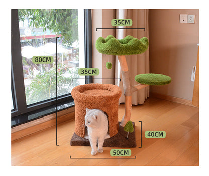 Natural Wood Cat Tree with Cozy Hideaway