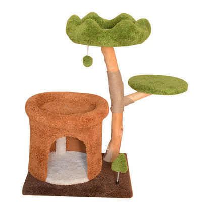 Natural Wood Cat Tree with Cozy Hideaway