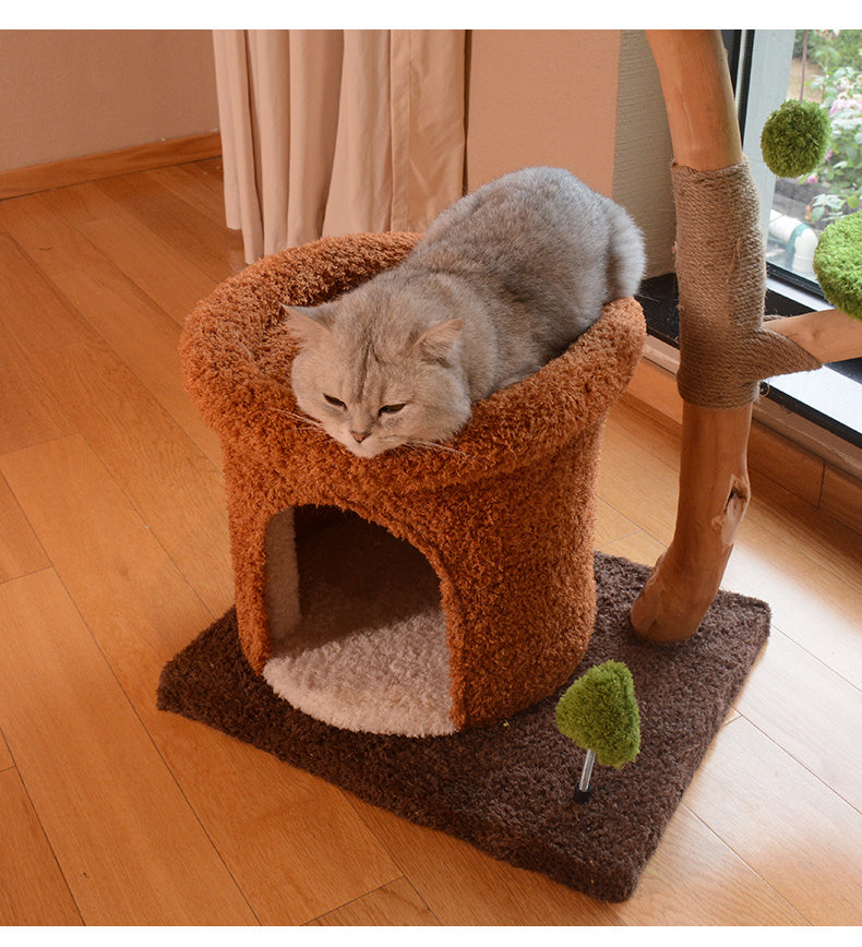 Natural Wood Cat Tree with Cozy Hideaway