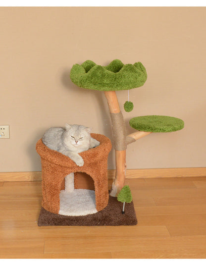 Natural Wood Cat Tree with Cozy Hideaway