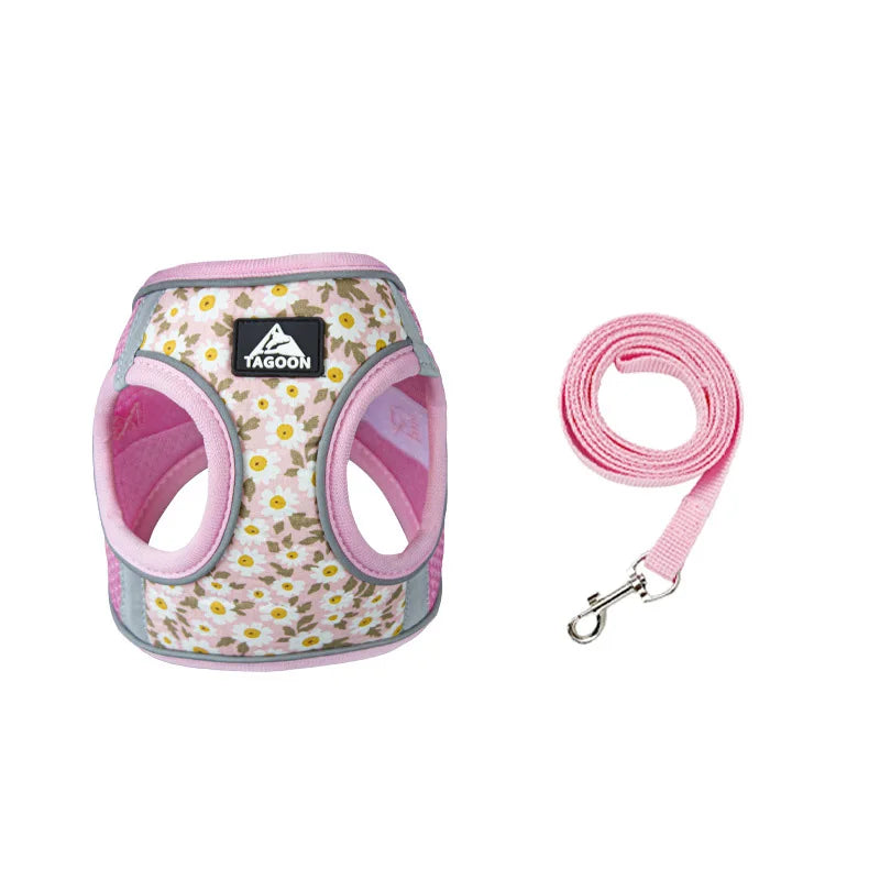 Breathable Floral Puppy Harness with Free Matching Leash Set