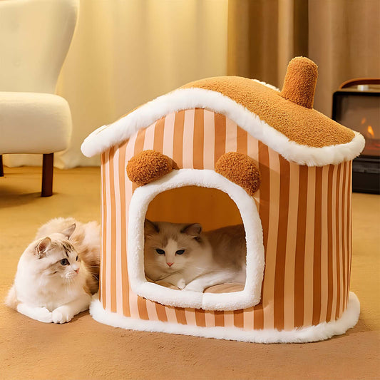 Semi-enclosed Plush Cat House Warm Cat Bed