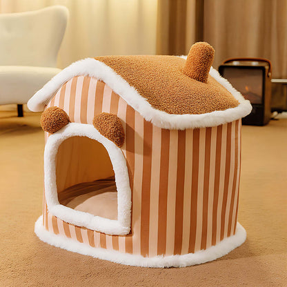 Semi-enclosed Plush Cat House Warm Cat Bed