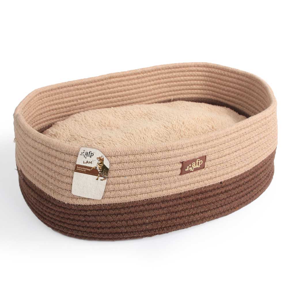 Brown Oval Cat Bed - Two-Tone Rope Weave with Removable Plush Cushion