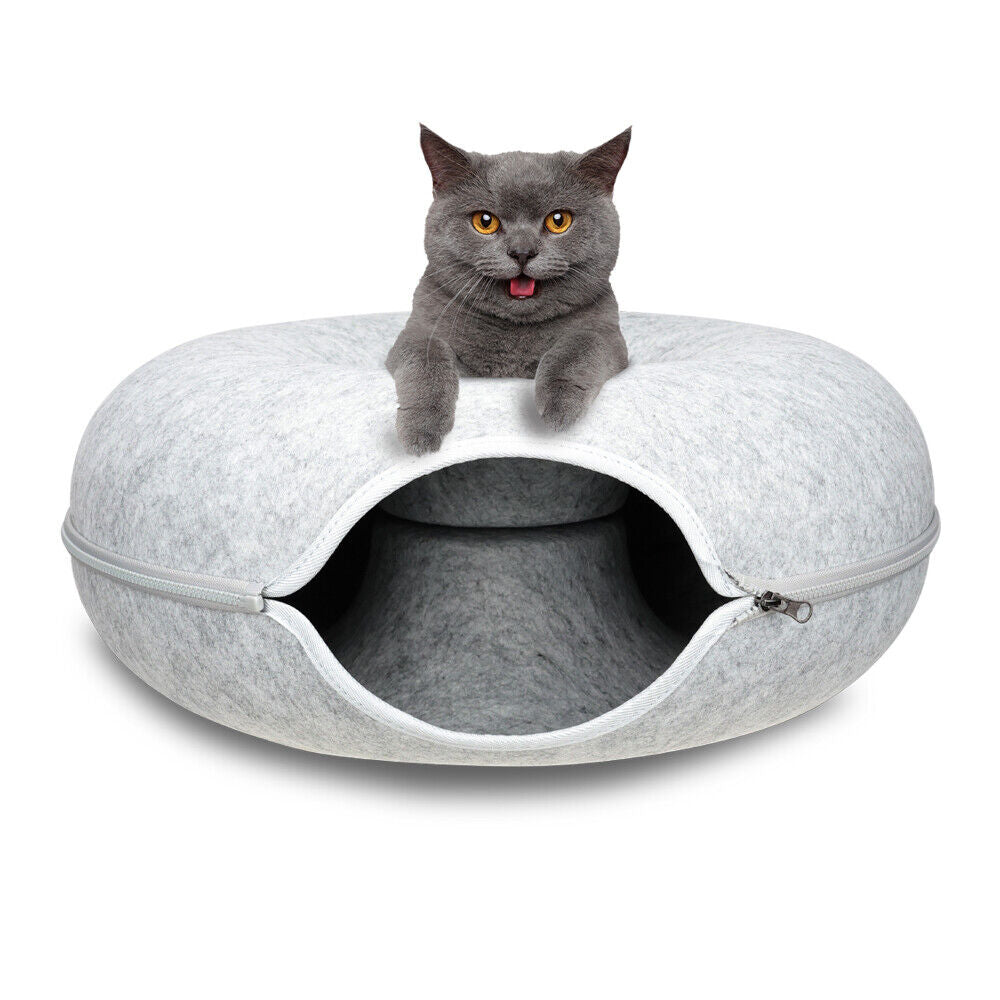 Light Grey Cat Tunnel Bed – Interactive Donut Cave for Cats and Small Pets