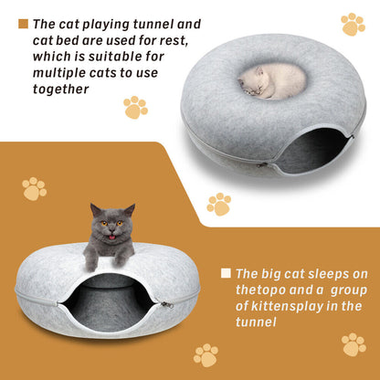 Light Grey Cat Tunnel Bed – Interactive Donut Cave for Cats and Small Pets