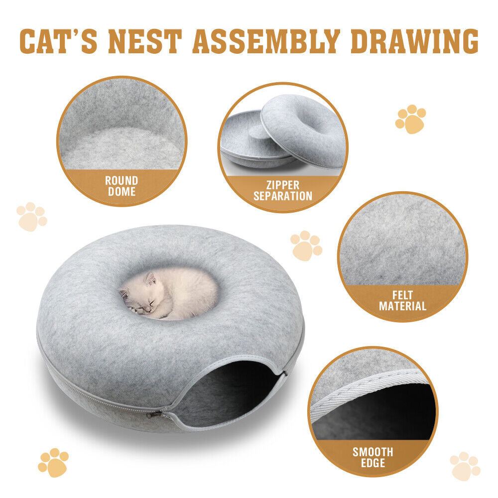 Light Grey Cat Tunnel Bed – Interactive Donut Cave for Cats and Small Pets