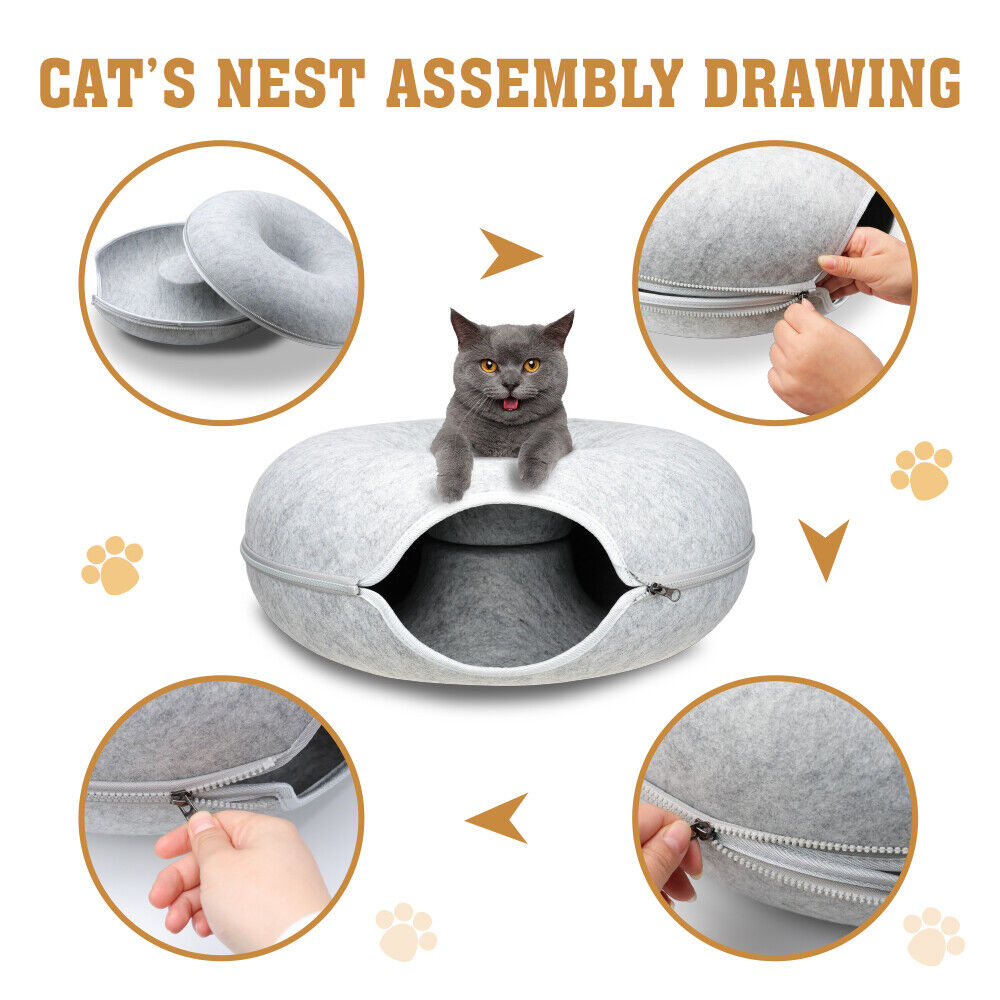 Light Grey Cat Tunnel Bed – Interactive Donut Cave for Cats and Small Pets