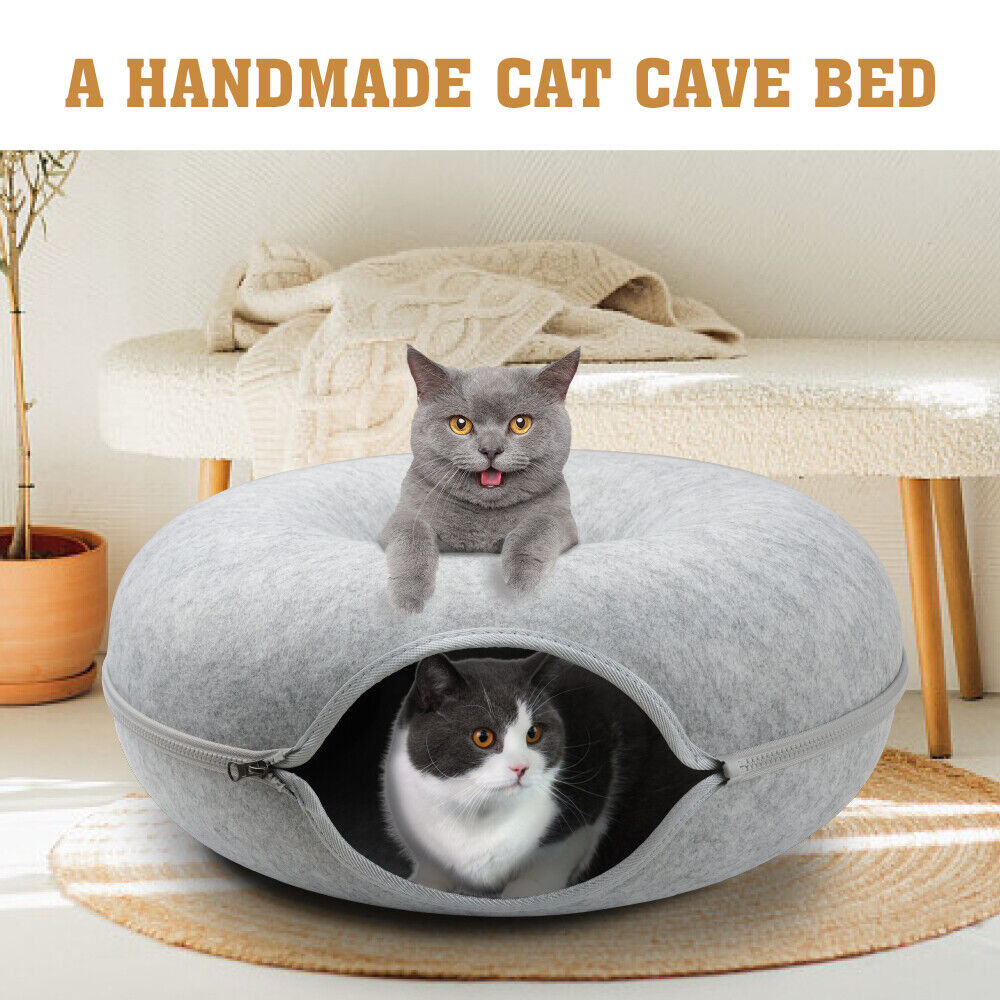 Light Grey Cat Tunnel Bed – Interactive Donut Cave for Cats and Small Pets