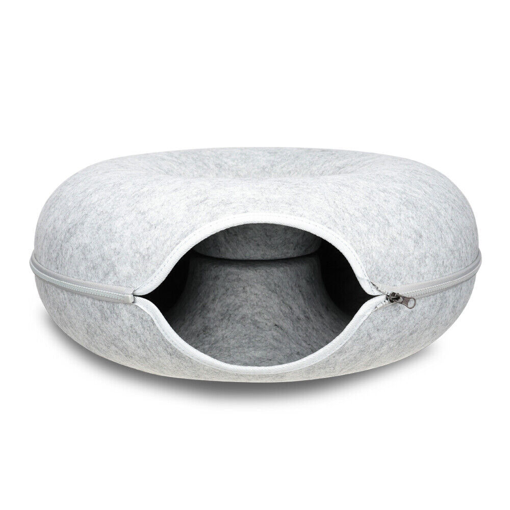 Light Grey Cat Tunnel Bed – Interactive Donut Cave for Cats and Small Pets