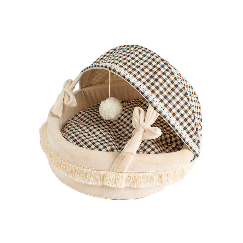 Plush Cat Cave Bed with Canopy - Cozy Tent Style