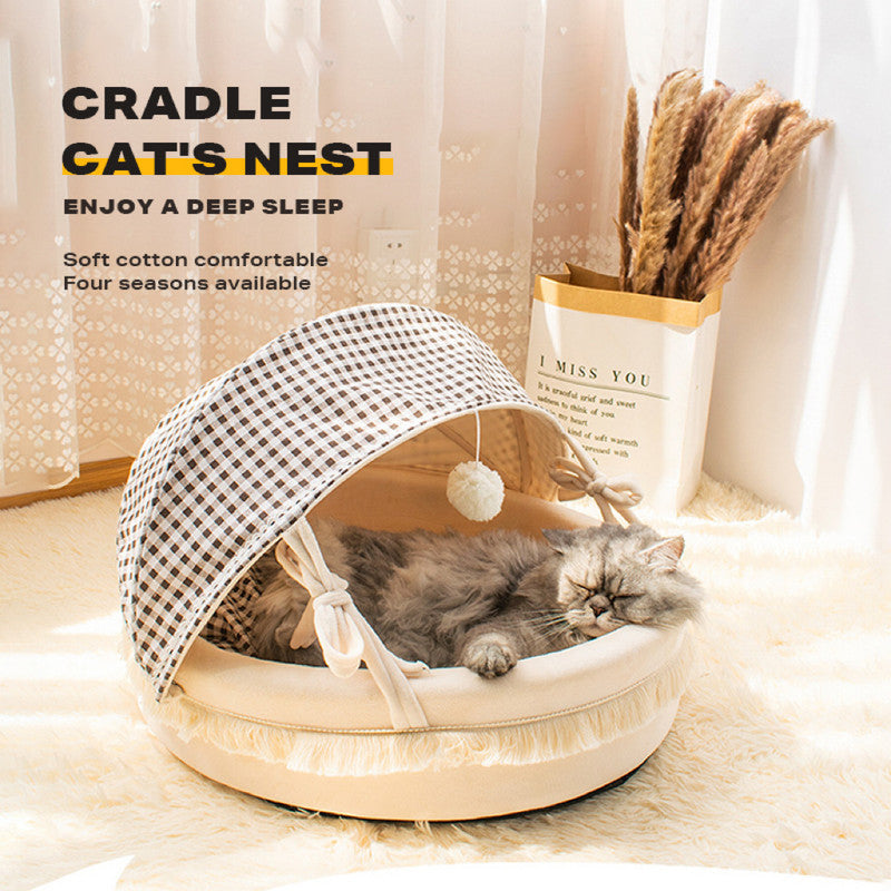 Plush Cat Cave Bed with Canopy - Cozy Tent Style